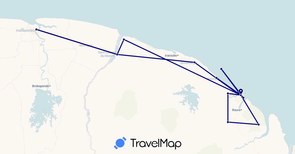 TravelMap itinerary: driving in French Guiana, Suriname (South America)